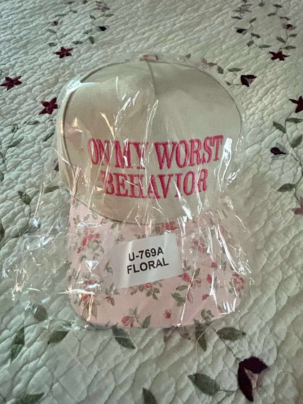 Beige & Pink Floral Baseball Cap - "On My Worst Behavior"